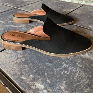 Indigo Road Black Slip-On Backless Mules with Tan Stacked Heel